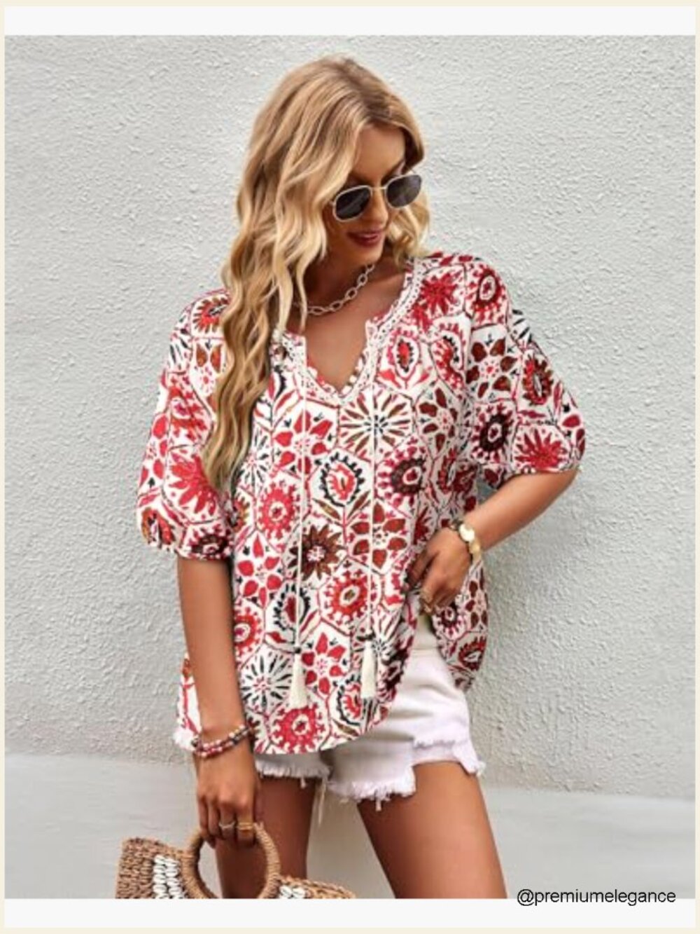 Boho Floral Print Tie Front Blouse Short Sleeve Vacation Top - Picture 3 of 7